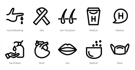 A set of 10 micro icons as hand bleeding, aids, hair transplant