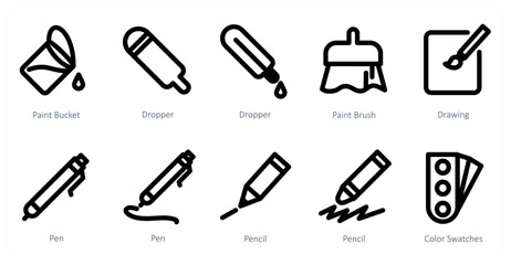 A set of 10 micro icons as paint bucket, dropper, drawing