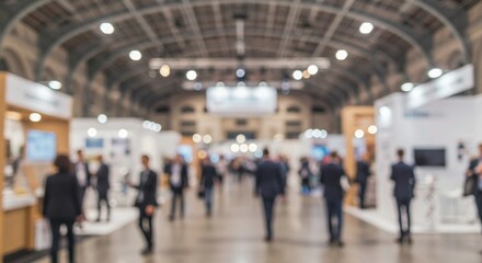 Blurred view of a crowded indoor event, with booth displays and people in suits, captured under overhead lighting