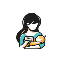 Mother holding and feeding baby with milk bottle.