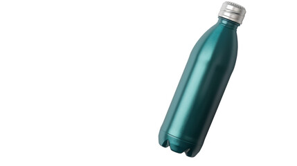 Teal reusable water bottle falling on transparent background