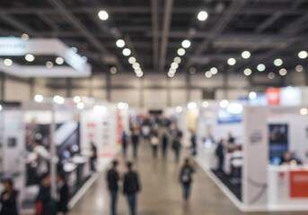 Fototapeta premium The image captures a blurred view of a crowded indoor event with booth displays and people in suits, illuminated by overhead lighting