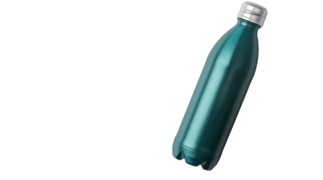 Teal reusable water bottle falling on transparent background