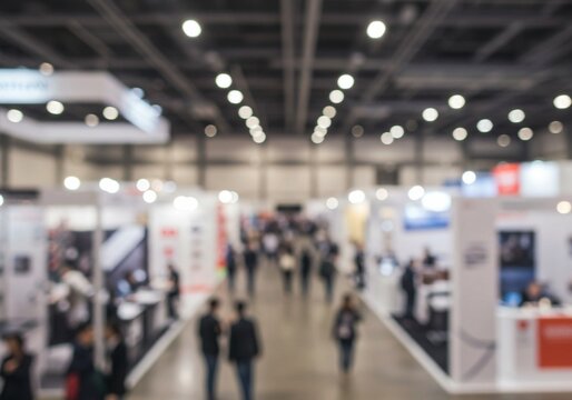 The image captures a blurred view of a crowded indoor event with booth displays and people in suits, illuminated by overhead lighting