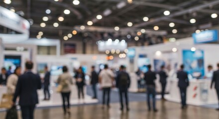 Fototapeta premium The image features a blurred view of a crowded indoor event with booth displays and people in suits, illuminated by overhead lighting