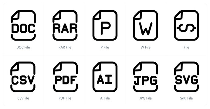 A set of 10 micro icons as doc file, rar file, p file