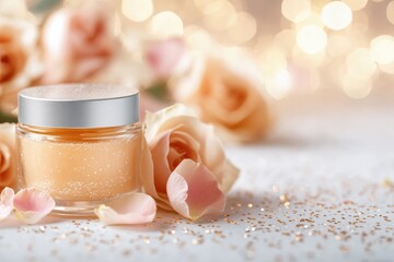Elegant Glass Jar of Rose Scented Cream Surrounded by Soft Pink Roses and Sparkling Decoration, Capturing a Luxurious and Relaxing Atmosphere Perfect for Self-Care Moments.