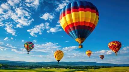 Fototapeta premium Colorful Hot Air Balloons Soaring Against a Bright Blue Sky with Puffs of White Clouds and Lush Green Fields in the Background During a Summer Day
