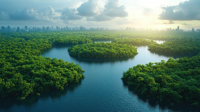 Lush green rainforest with a winding river, cityscape in background at sunset.