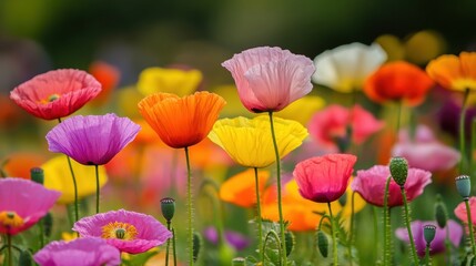 Fototapeta premium Colorful Blooming Poppies in a Vibrant Garden Setting Under Soft Natural Light During Spring Season