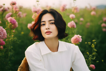 Naklejka premium Elegant Woman in White Dress Sitting in Blooming Flower Field, Romantic Outdoor Portrait
