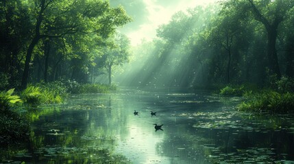 Serene morning mist over tranquil forest river with ducks.