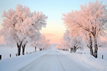 Obraz premium A Serene Winter Scene: Frost-Covered Trees and a Snowy Road Under a Gentle Pastel Sky.