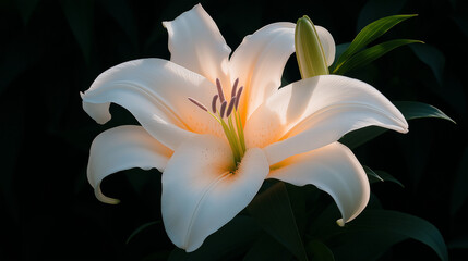 Fototapeta premium Captivating hyper-realistic lily flower in a serene garden, featuring delicate petals and soft lavender accents bathed in gentle sunlight.