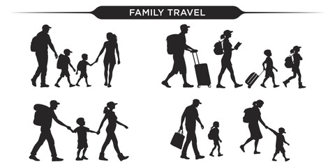 Vector illustration of silhouettes depicting a family traveling together
