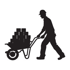 Silhouette of Man with Wheelbarrow Carrying Boxes Vector Illustration