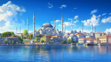 Fototapeta premium Majestic skyline featuring notable mosques in Istanbul.
