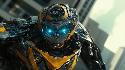 Robotic Transformer in close-up against cityscape background
