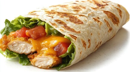 A delicious chicken wrap filled with lettuce and tomatoes