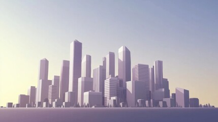 Obraz premium Abstract city skyline illustration showcasing modern architecture with geometric shapes against a soft gradient sky at dusk or dawn