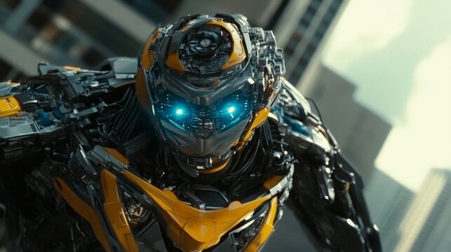 Robotic Transformer in close-up against cityscape background