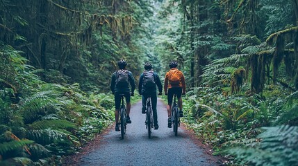 Fototapeta premium Three cyclists ride on a forest path.