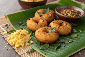 deep fried chicken nuggets on a plate ,indian food on a plate, gaari on banana leaf