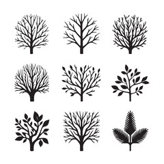 Diverse Tree Silhouettes Black Vector Illustration Collection