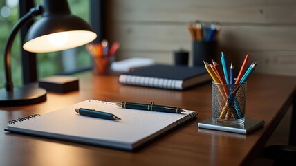 Office desk table with pen and pencil