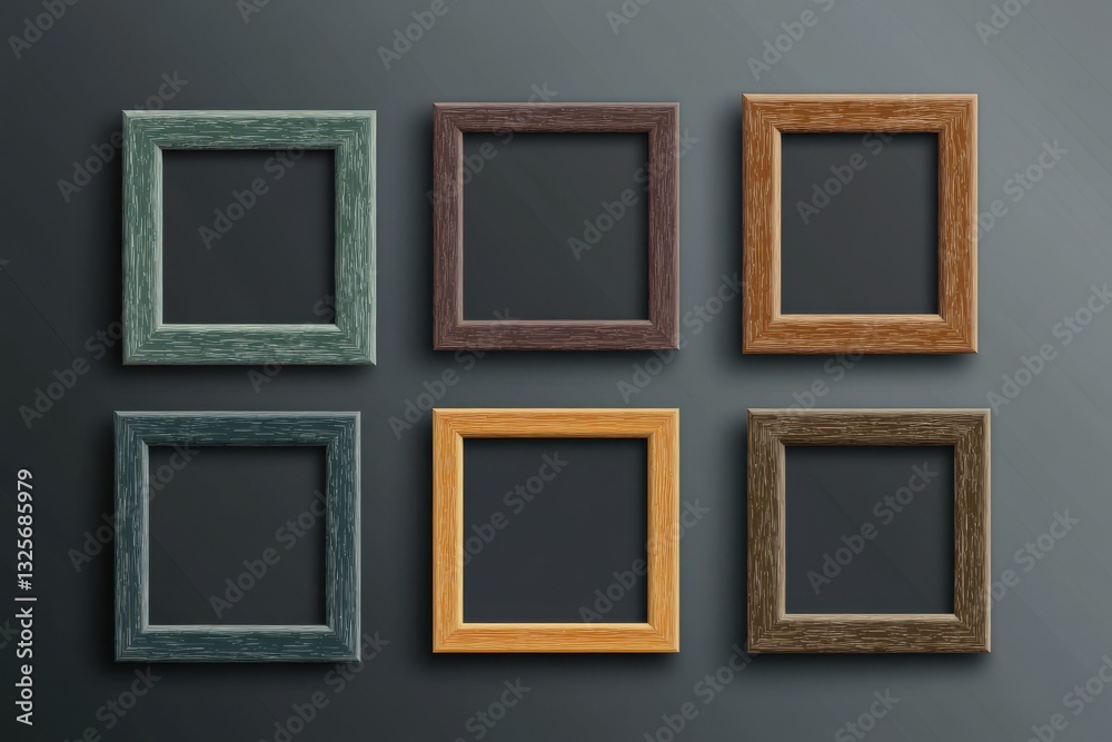 Aufkleber Collection of six wooden picture frames arranged in two rows on a dark background for display or decoration