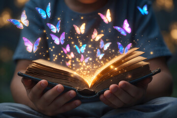 A glowing butterfly flutters after a child's hand opens a magic book.