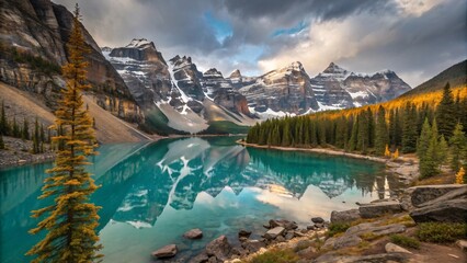 Naklejka premium Majestic Moraine Lake: Turquoise Alpine Gem Amid the Canadian Rockies at Golden Hour