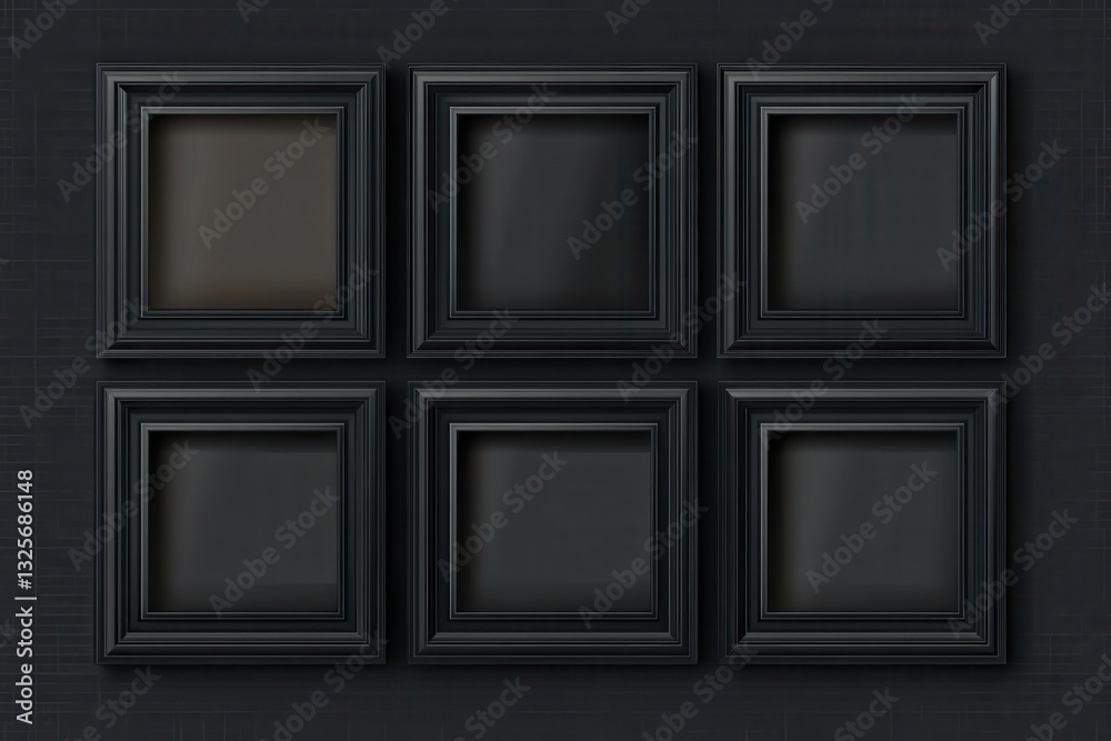 Poster display of six empty black picture frames arranged on a dark background for artistic presentation or