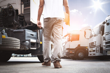 Truck Drivers Holding Clipboard to Check Truck Engine. Semi Truck Tractor, Big rig. Maintenance...
