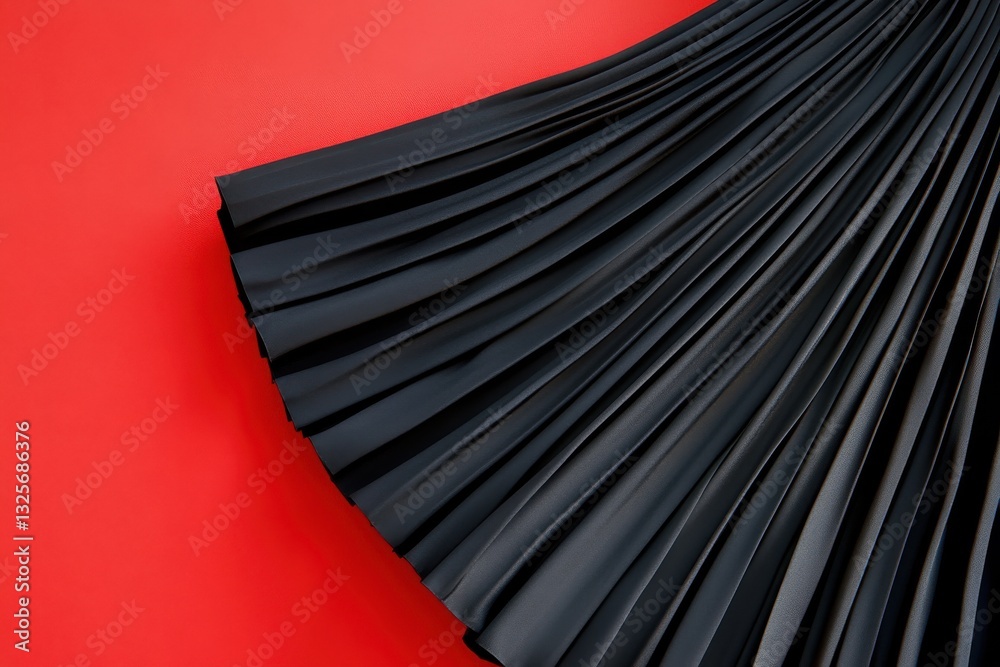 Poster elegant black pleated fabric draped on vibrant red background showcasing texture and design in a fas