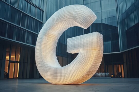 Large illuminated sculpture of a letter G in an urban courtyard at night with modern buildings in the background