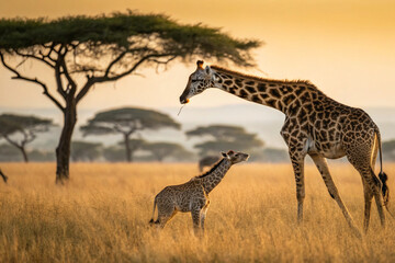 Obraz premium Mother Giraffe and Calf in Golden Savannah at Sunrise – Wildlife Safari in Africa