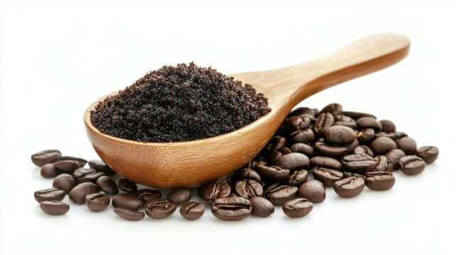 Homemade coffee scrub and beans isolated on white background
