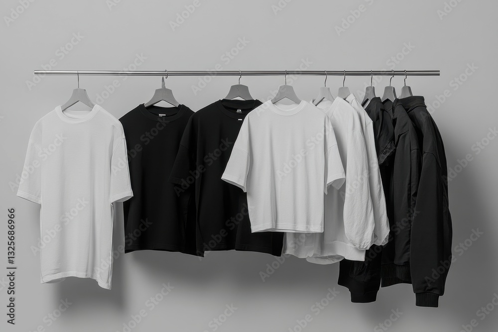 Poster trendy minimalist clothing display featuring various t-shirts and outerwear hanging on a rack in a m