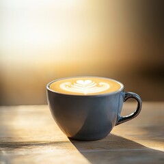 Vintage cup of latte on table with nostalgic vibe enhanced by sunlight streaming through window creating warm atmosphere