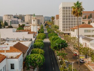 Aerial view of Westwood Village in Los Angeles, California, USA. The photo shows the buildings and...
