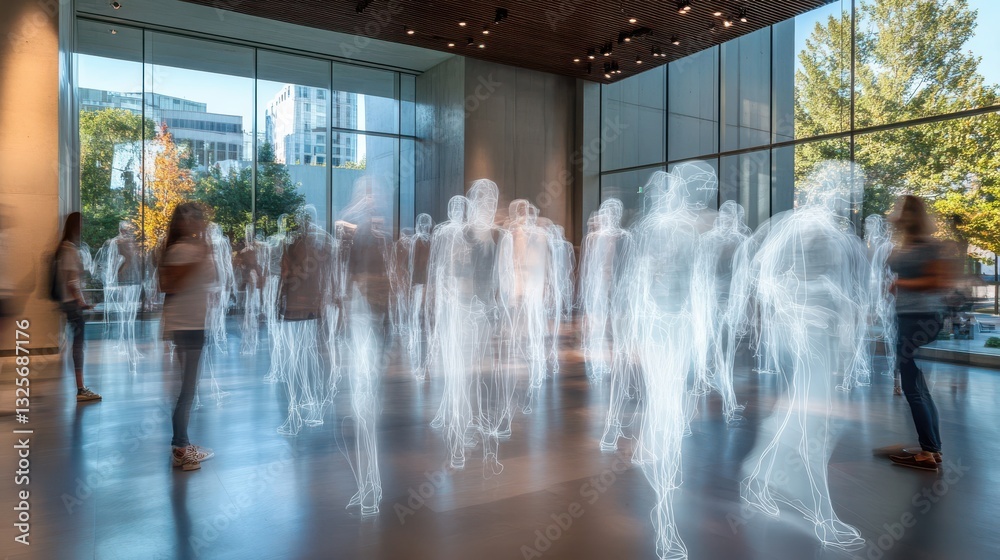 Poster Visitors in a modern art gallery interact with ethereal installations while surrounded by digital representations of people