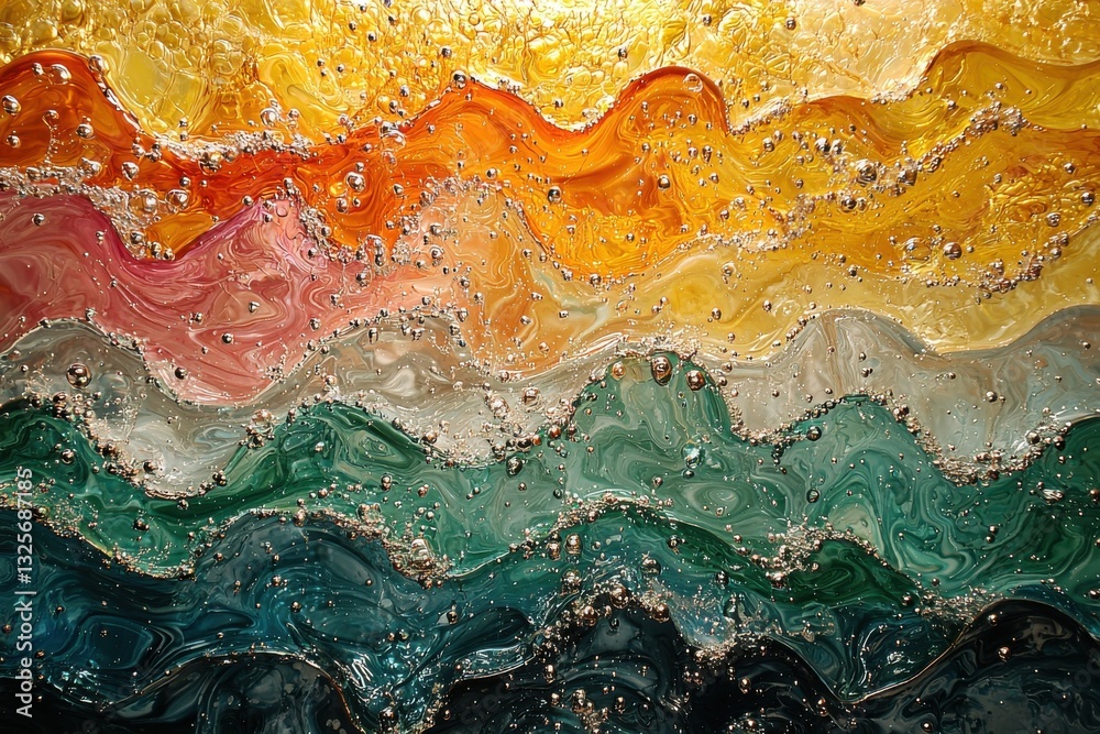 Poster Colorful abstract art displaying fluid waves and bubbles reminiscent of ocean waves in vibrant hues