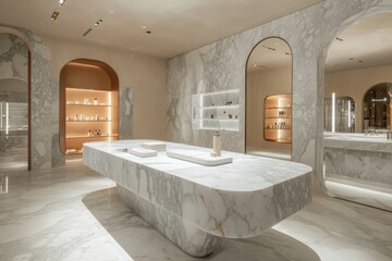 Modern marble interior design showcases a minimalist skincare boutique with elegant displays and warm lighting