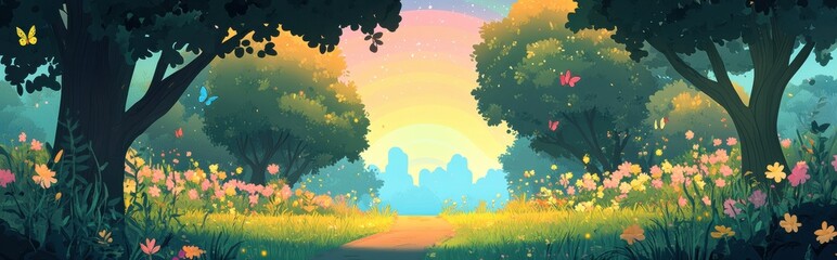 Fototapeta premium Colorful forest scenery with vibrant flowers and a dreamy rainbow glow