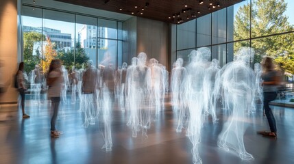 Visitors in a modern art gallery interact with ethereal installations while surrounded by digital representations of people
