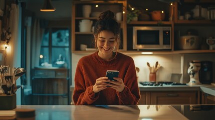 Fototapeta premium Happy young woman chatting on smartphone in cozy kitchen at home Communication and technology concept