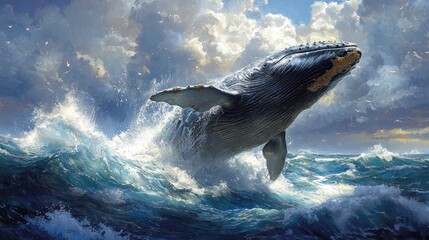 Obraz premium Majestic whale breaching ocean waves under dramatic sky.