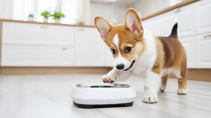 Obraz na płótnie Canvas Small playful dog enjoying a delicious meal from a food bowl placed next to a high-tech smart pet feeder in the home