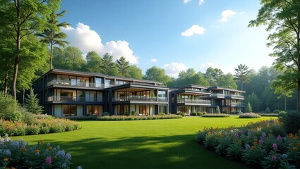 Set in a serene pine forest, a modern sanatorium provides comfort and health services for pensioners in a tranquil environment.